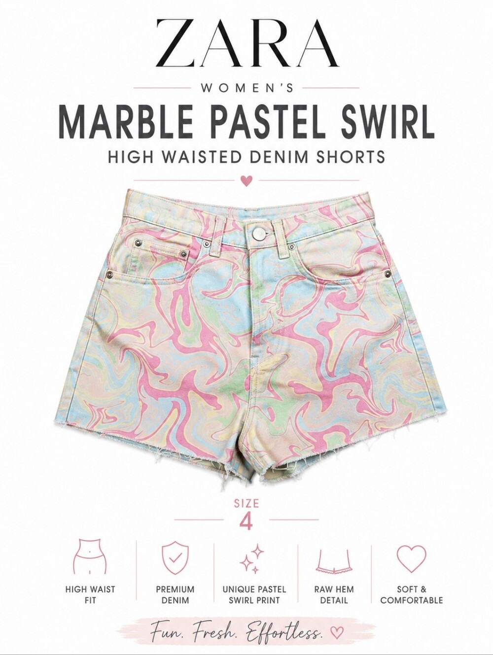 ZARA Women's Marble Pastel Swirl High Waisted Denim Shorts Size 4